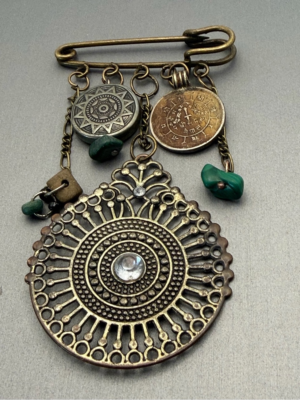 Boho Bronze Medallion Brooch with Green Malachite Accents